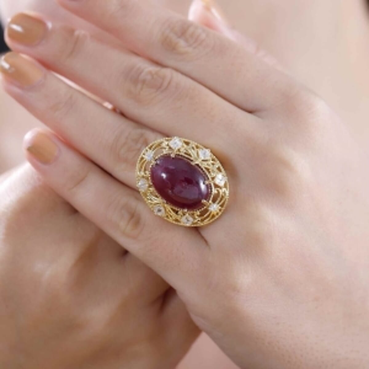 Premium Niassa Ruby (FF) and White Zircon 30.88 ctw Ring in 18K Vermeil Yellow Gold Over Sterling Silver (Size 6.5) (7.57 g) image number 9