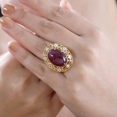 Premium Niassa Ruby (FF) and White Zircon 30.88 ctw Ring in 18K Vermeil Yellow Gold Over Sterling Silver (Size 6.5) (7.57 g)