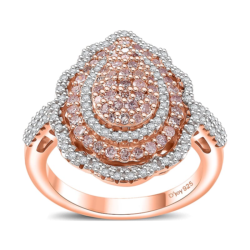 Natural Pink and White Diamond I3 1.00 ctw Floral Ring in 18K Vermeil Rose Gold Over Sterling Silver (Size 10.0) 