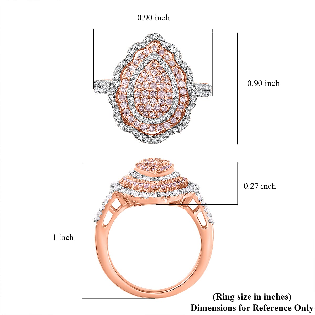 Natural Pink and White Diamond I3 1.00 ctw Floral Ring in 18K Vermeil Rose Gold Over Sterling Silver (Size 10.0) 