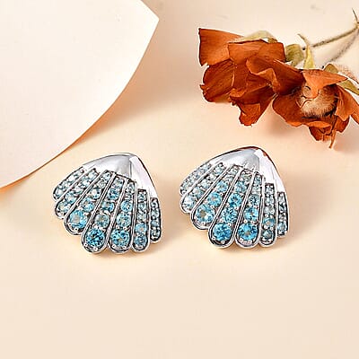 D'Joy Premium Betroka Blue Apatite 6.10 ctw Sea-Shell Earrings in Rhodium Over Sterling Silver