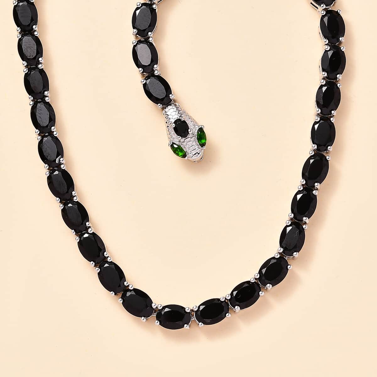 Thai Black Spinel and Chrome Diopside 63.40 ctw Serpent Necklace in Rhodium Over Sterling Silver 18 Inches image number 1