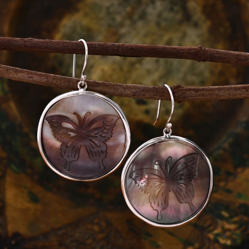 Grey Shell Carving Earrings in Sterling Silver