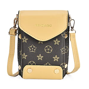 Brown with Yellow Flower Pattern Faux Leather Crossbody Sling Bag with Shoulder Strap