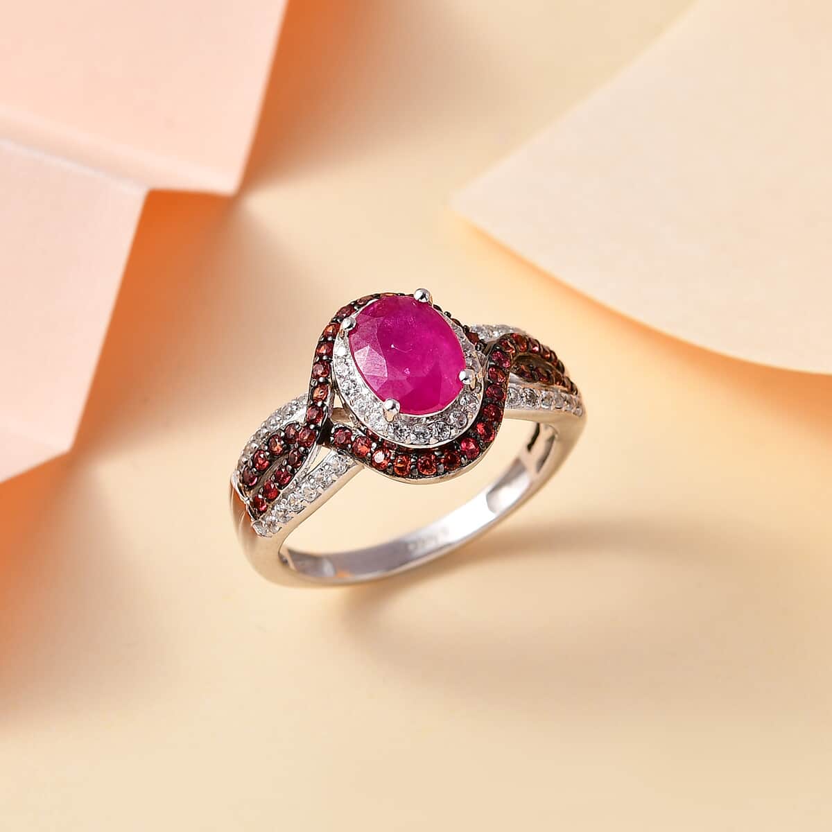 Mozambique Ruby and Multi Gemstone 2.15 ctw Halo Ring in Platinum Over Sterling Silver (Size 7.0) image number 1