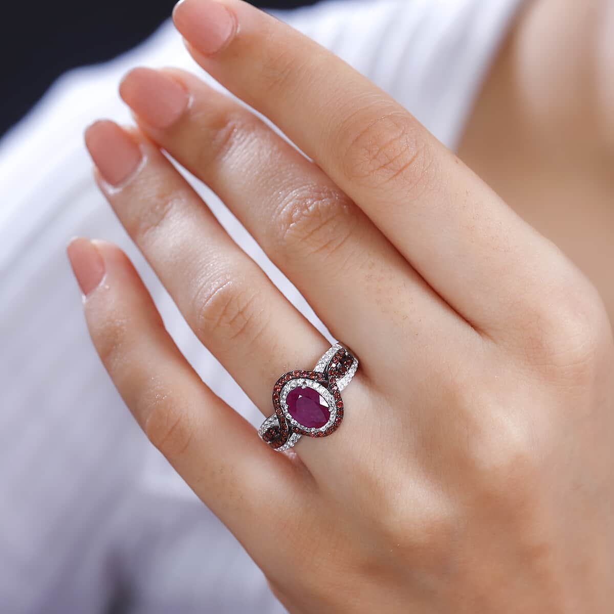 Mozambique Ruby and Multi Gemstone 2.15 ctw Halo Ring in Platinum Over Sterling Silver (Size 7.0) image number 2