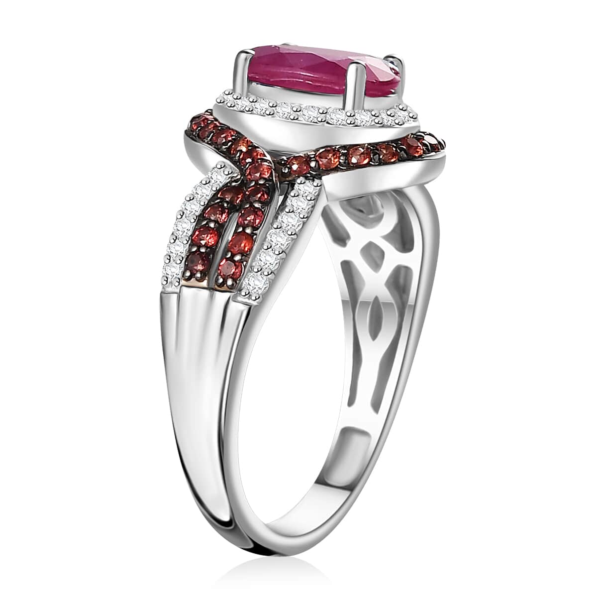 Mozambique Ruby and Multi Gemstone 2.15 ctw Halo Ring in Platinum Over Sterling Silver (Size 7.0) image number 3