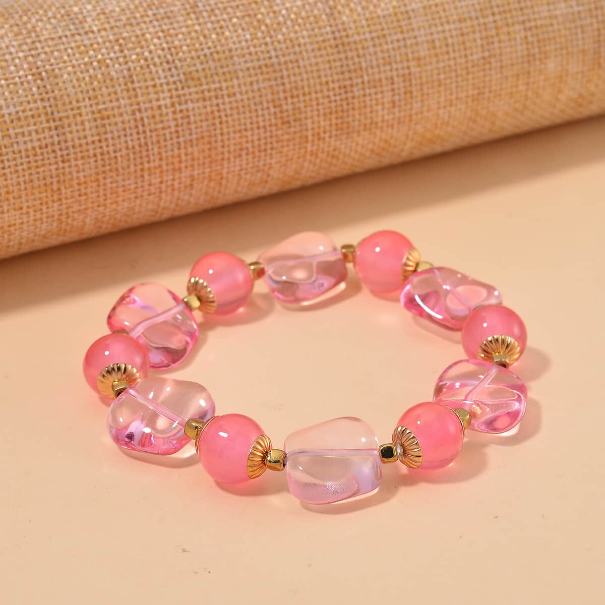 Pink Glass Stretch Bracelet in Goldtone image number 1