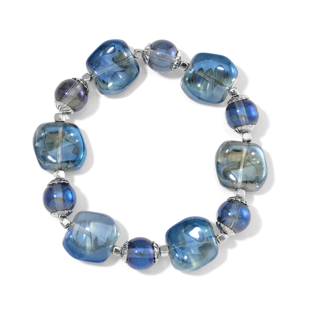 Blue Glass Stretch Bracelet in Silvertone image number 0