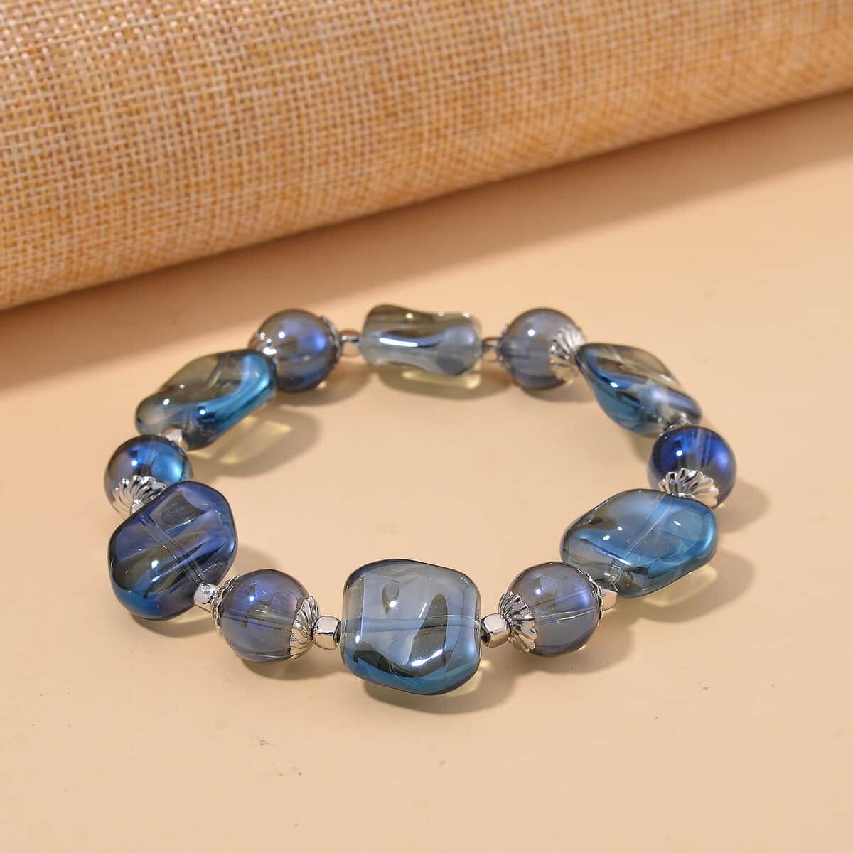 Blue Glass Stretch Bracelet in Silvertone image number 1