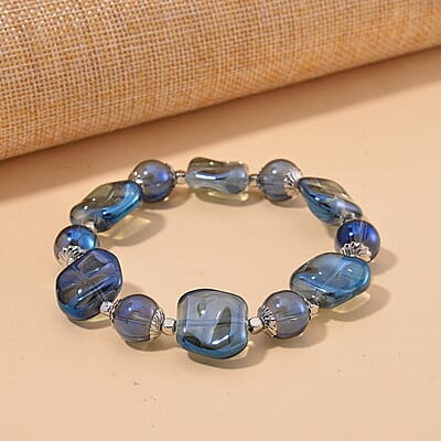 Blue Glass Stretch Bracelet in Silvertone
