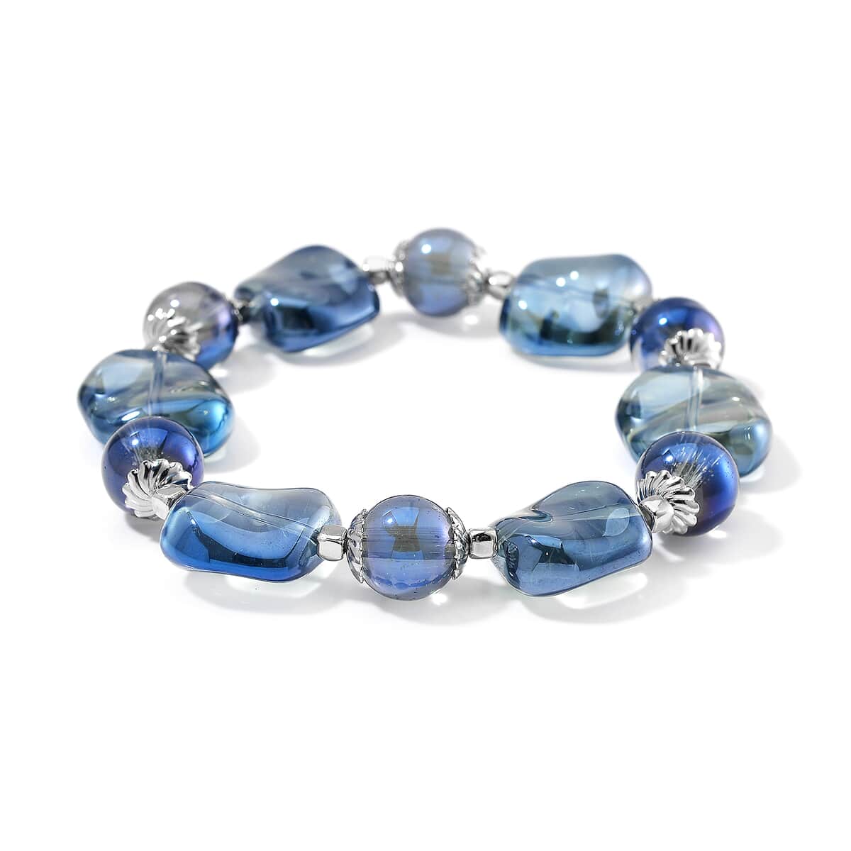 Blue Glass Stretch Bracelet in Silvertone image number 2