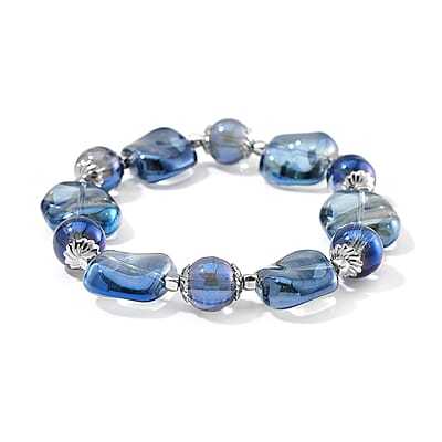 Blue Glass Stretch Bracelet in Silvertone