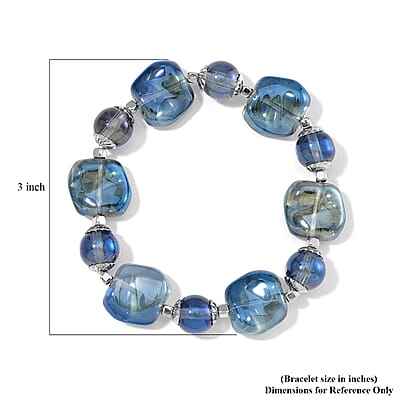 Blue Glass Stretch Bracelet in Silvertone
