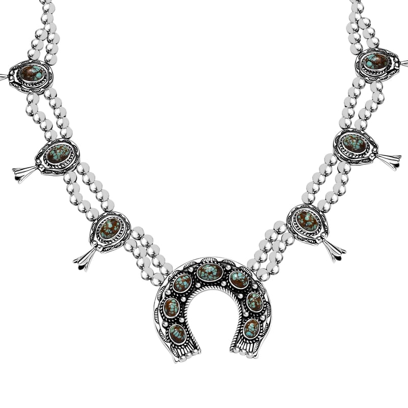 D'Joy Artisan Crafted Blue Horizon Turquoise 12.65 ctw Horseshoe Squash Blossom Necklace in Sterling Silver 18 Inches