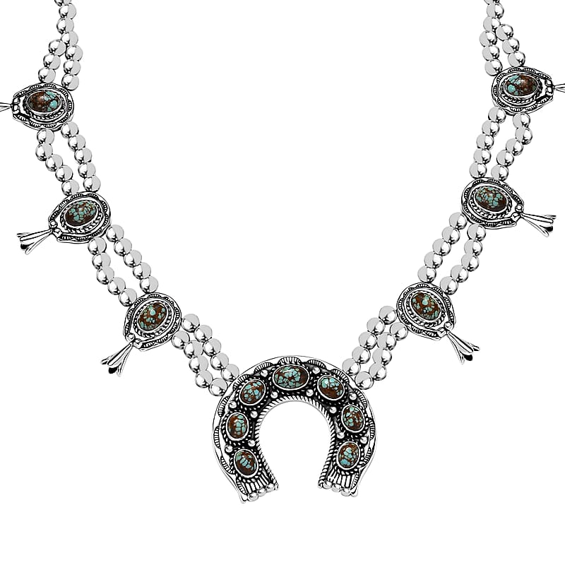 D'Joy Artisan Crafted Blue Horizon Turquoise 12.65 ctw Horseshoe Squash Blossom Necklace in Sterling Silver 18 Inches