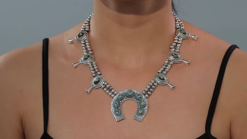 D'Joy Artisan Crafted Blue Horizon Turquoise 12.65 ctw Horseshoe Squash Blossom Necklace in Sterling Silver 18 Inches