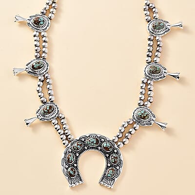 D'Joy Artisan Crafted Blue Horizon Turquoise 12.65 ctw Horseshoe Squash Blossom Necklace in Sterling Silver 18 Inches