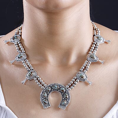 D'Joy Artisan Crafted Blue Horizon Turquoise 12.65 ctw Horseshoe Squash Blossom Necklace in Sterling Silver 18 Inches