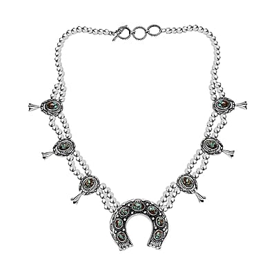 D'Joy Artisan Crafted Blue Horizon Turquoise 12.65 ctw Horseshoe Squash Blossom Necklace in Sterling Silver 18 Inches