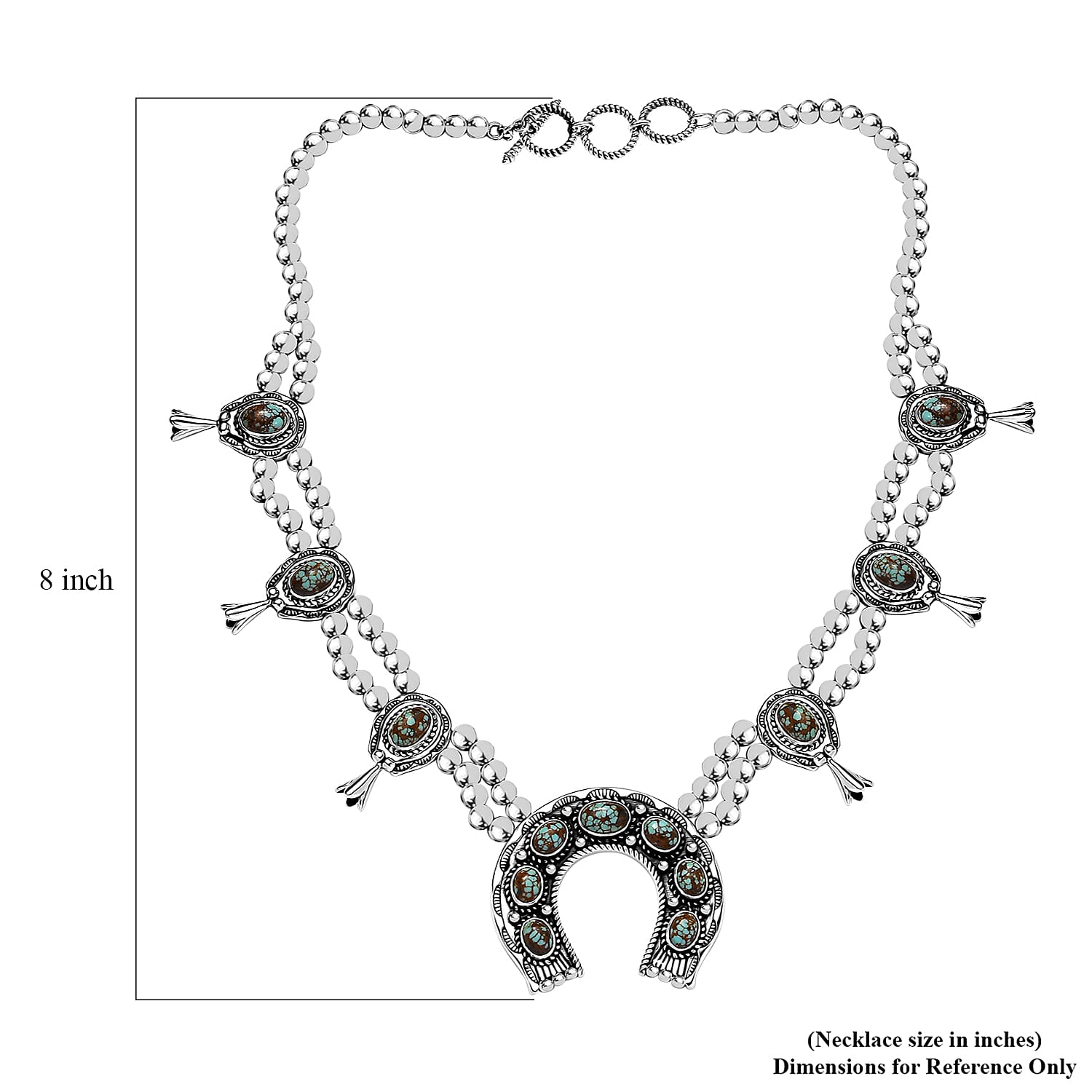 D'Joy Artisan Crafted Blue Horizon Turquoise 12.65 ctw Horseshoe Squash Blossom Necklace in Sterling Silver 18 Inches