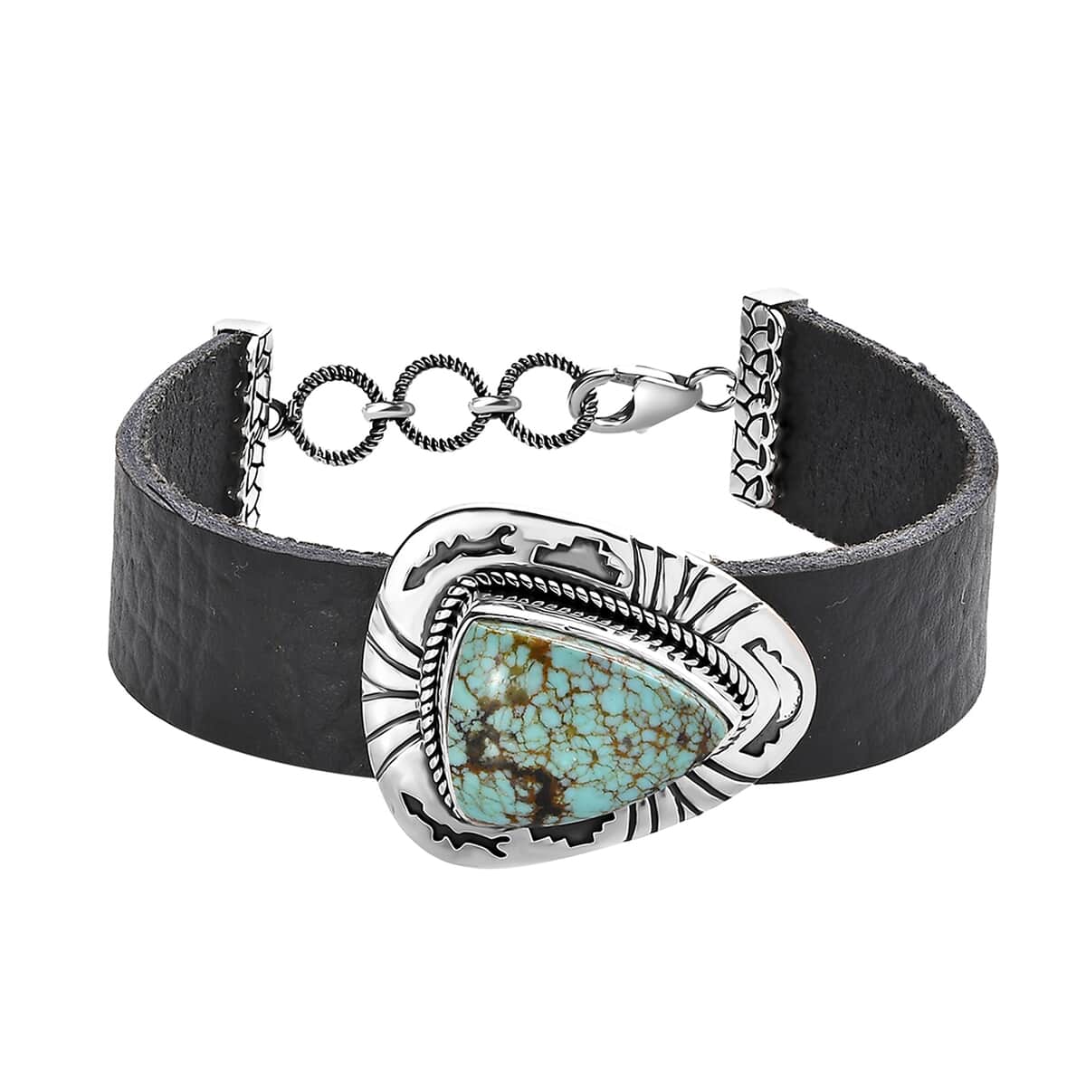 Artisan Crafted Blue Horizon Turquoise 10.00 ctw Bracelet in Sterling Silver and Black Leather Cord (6.50-8.0In) image number 0