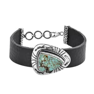 Artisan Crafted Blue Horizon Turquoise 10.00 ctw Bracelet in Sterling Silver and Black Leather Cord (6.50-8.0In)