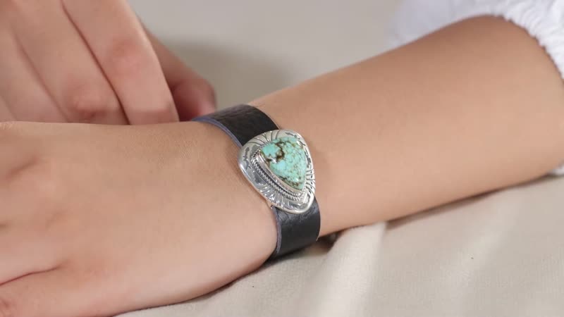 Artisan Crafted Blue Horizon Turquoise 10.00 ctw Bracelet in Sterling Silver and Black Leather Cord (6.50-8.0In)