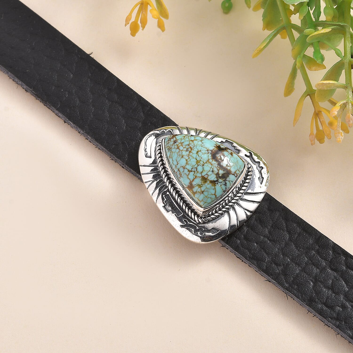 Artisan Crafted Blue Horizon Turquoise 10.00 ctw Bracelet in Sterling Silver and Black Leather Cord (6.50-8.0In)