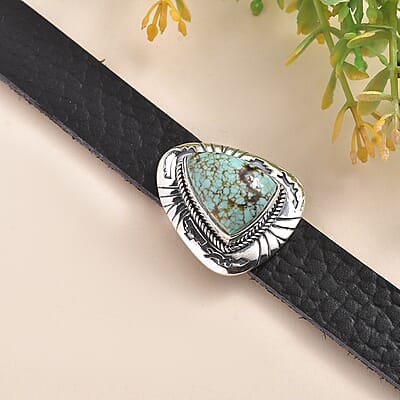 Artisan Crafted Blue Horizon Turquoise 10.00 ctw Bracelet in Sterling Silver and Black Leather Cord (6.50-8.0In)