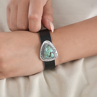 Artisan Crafted Blue Horizon Turquoise 10.00 ctw Bracelet in Sterling Silver and Black Leather Cord (6.50-8.0In)