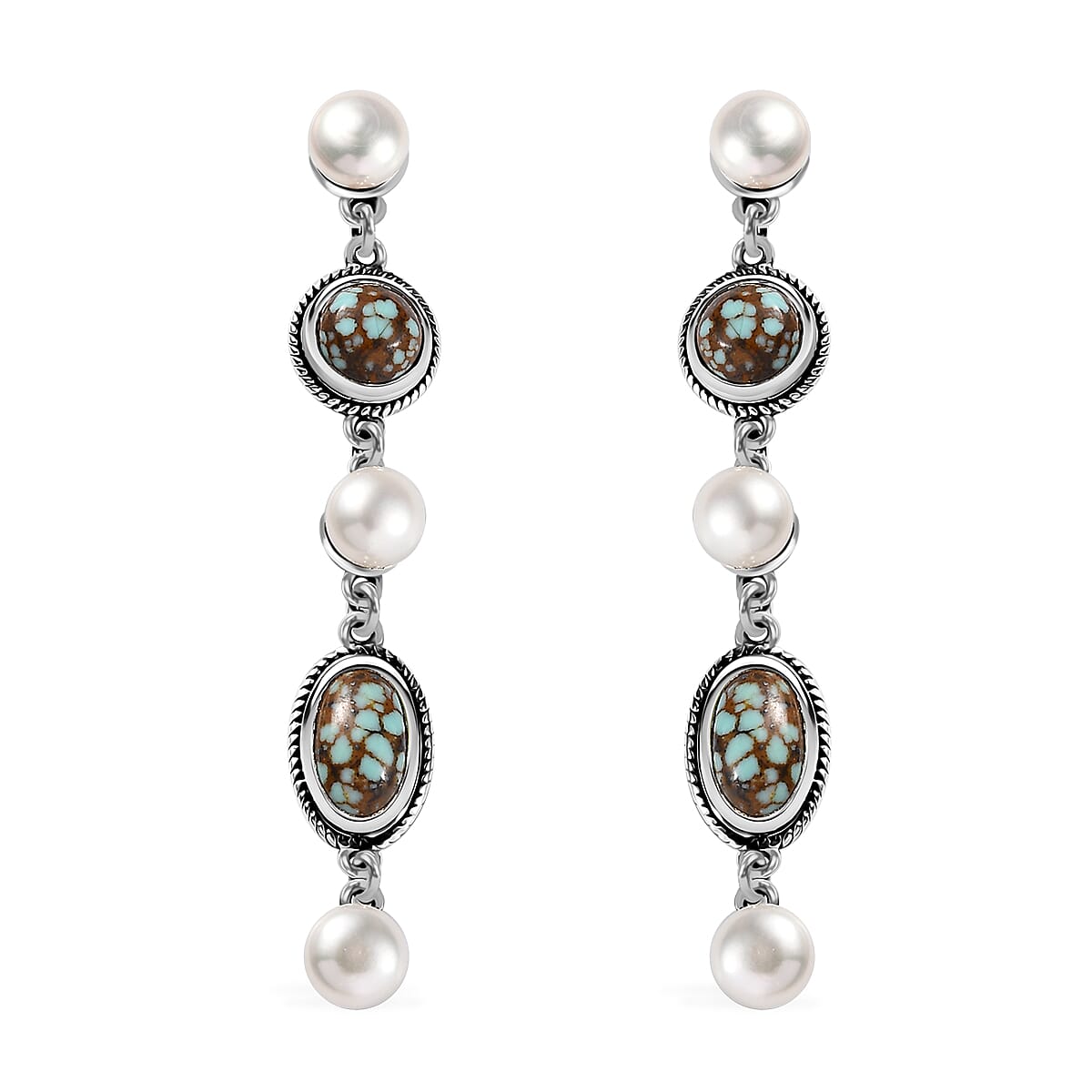 D'Joy Artisan Crafted Blue Horizon Turquoise 3.60 ctw and White Pearl Waterfall Earrings in Black Oxidized Sterling Silver