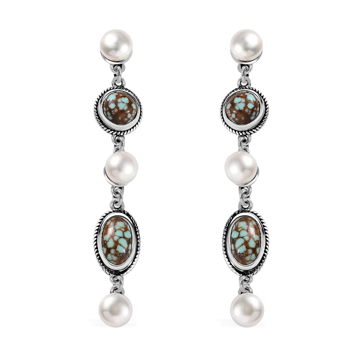 Artisan Crafted Blue Horizon Turquoise 3.60 ctw and White Pearl Waterfall Earrings in Black Oxidized Sterling Silver image number 0