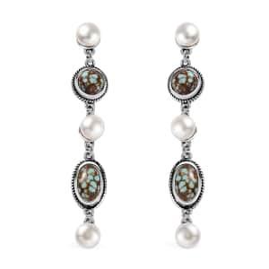 Artisan Crafted Blue Horizon Turquoise 3.60 ctw and White Pearl Waterfall Earrings in Black Oxidized Sterling Silver