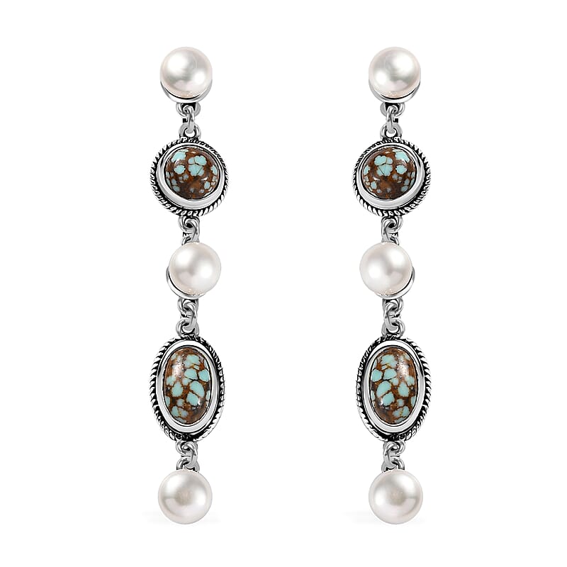D'Joy Artisan Crafted Blue Horizon Turquoise 3.60 ctw and White Pearl Waterfall Earrings in Black Oxidized Sterling Silver