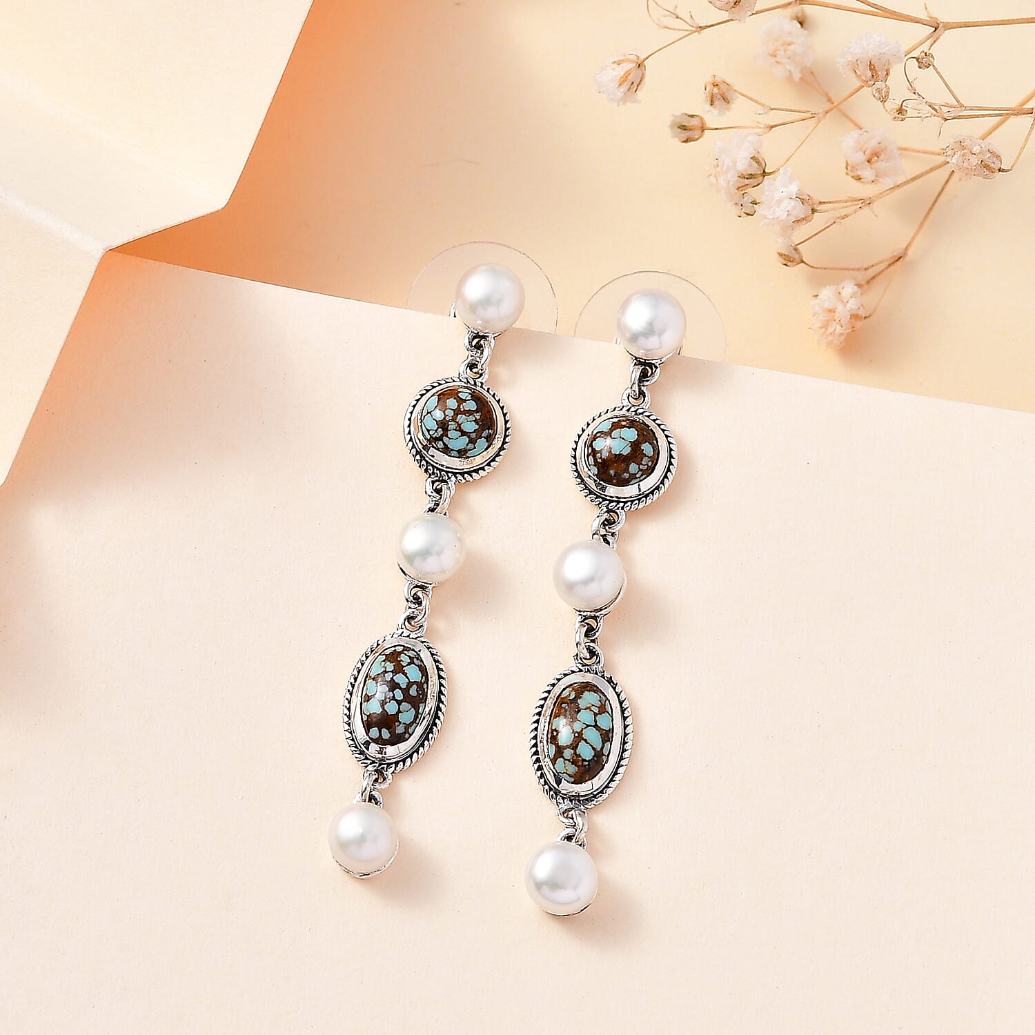D'Joy Artisan Crafted Blue Horizon Turquoise 3.60 ctw and White Pearl Waterfall Earrings in Black Oxidized Sterling Silver