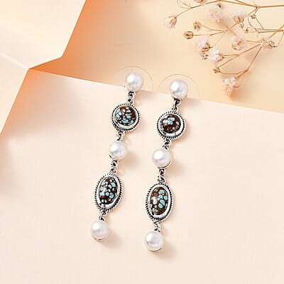 D'Joy Artisan Crafted Blue Horizon Turquoise 3.60 ctw and White Pearl Waterfall Earrings in Black Oxidized Sterling Silver
