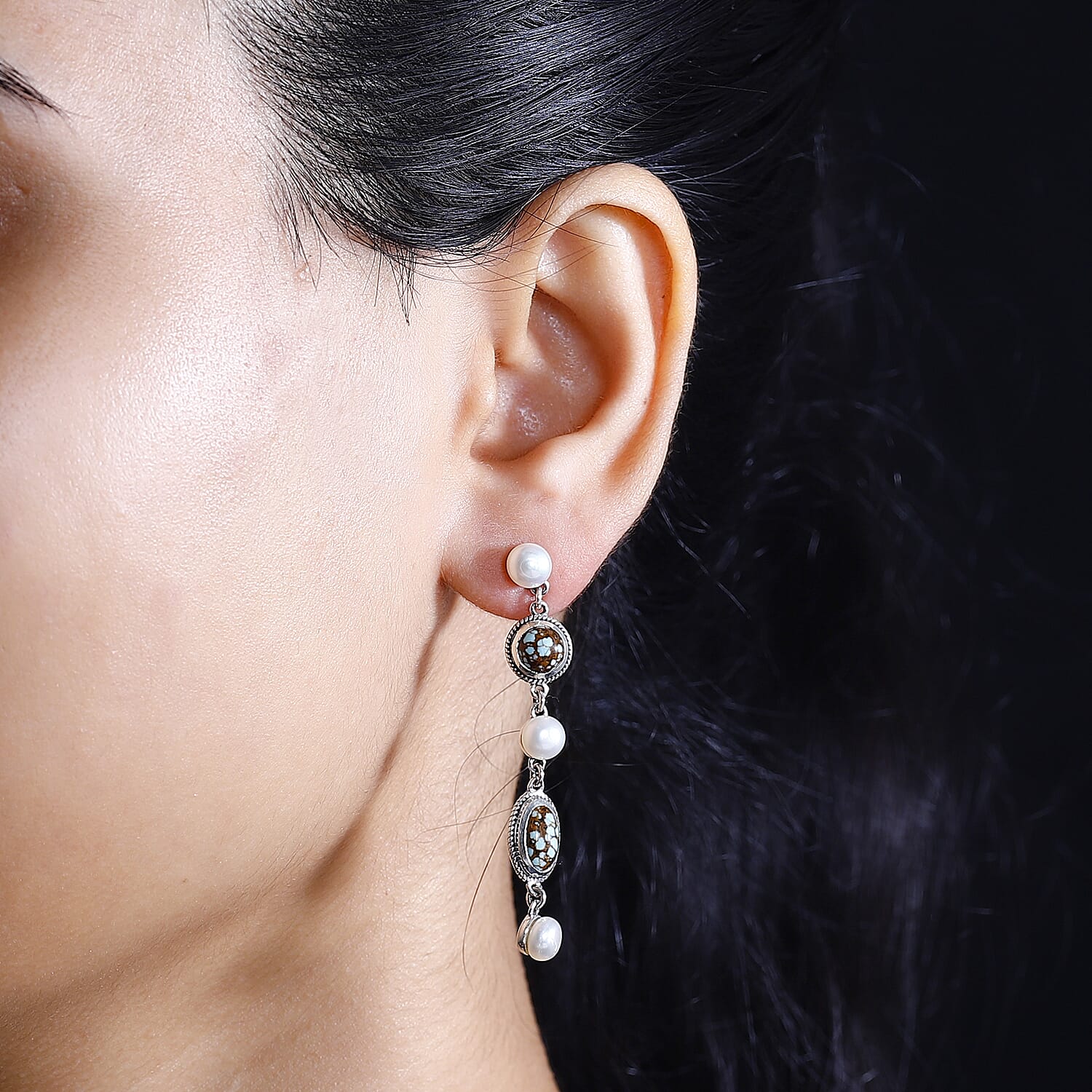 D'Joy Artisan Crafted Blue Horizon Turquoise 3.60 ctw and White Pearl Waterfall Earrings in Black Oxidized Sterling Silver