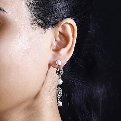 D'Joy Artisan Crafted Blue Horizon Turquoise 3.60 ctw and White Pearl Waterfall Earrings in Black Oxidized Sterling Silver