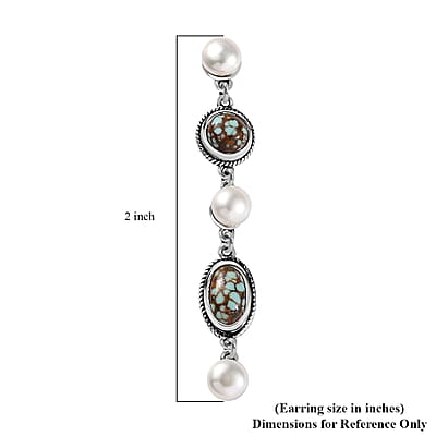 D'Joy Artisan Crafted Blue Horizon Turquoise 3.60 ctw and White Pearl Waterfall Earrings in Black Oxidized Sterling Silver
