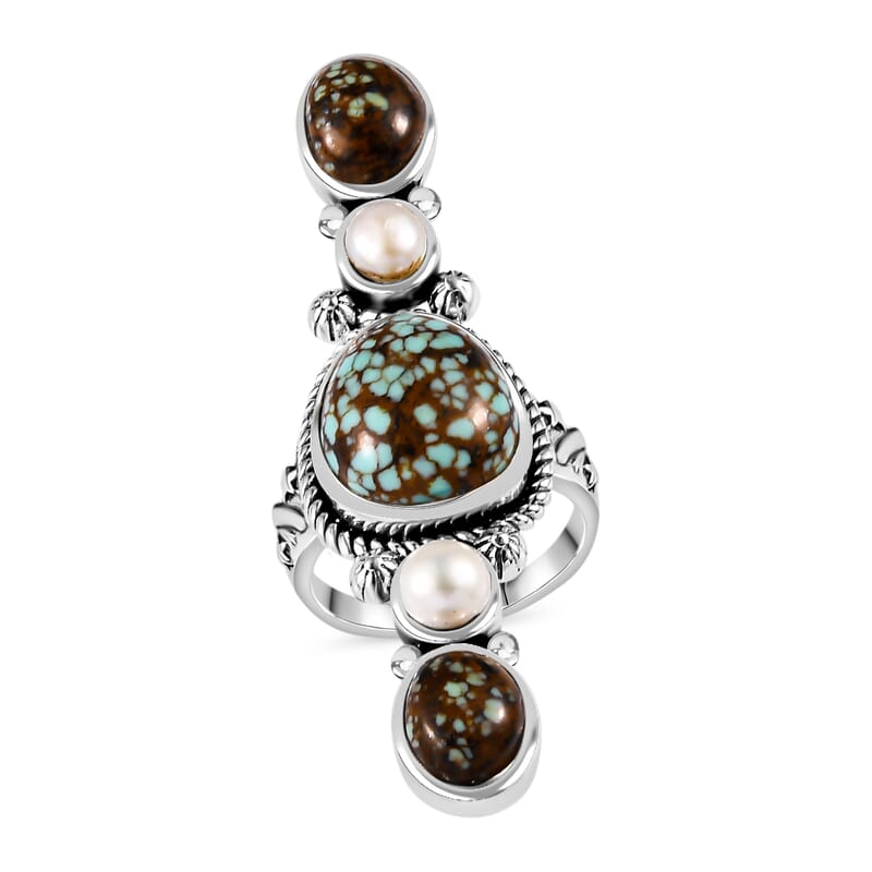 Artisan Crafted Blue Horizon Turquoise 8.35 ctw and White Pearl Elongated Ring in Sterling Silver (Size 10.0)