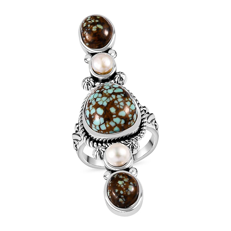 Artisan Crafted Blue Horizon Turquoise 8.35 ctw and White Pearl Elongated Ring in Sterling Silver (Size 10.0)