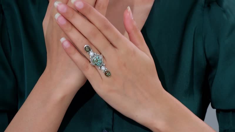 Artisan Crafted Blue Horizon Turquoise, White Pearl Elongated Ring in Sterling Silver (Size 7.0) 8.35 ctw