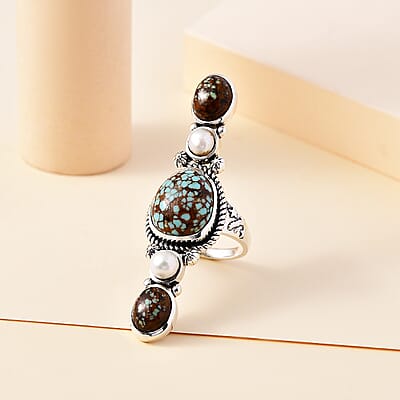 Artisan Crafted Blue Horizon Turquoise 8.35 ctw and White Pearl Elongated Ring in Sterling Silver (Size 10.0)