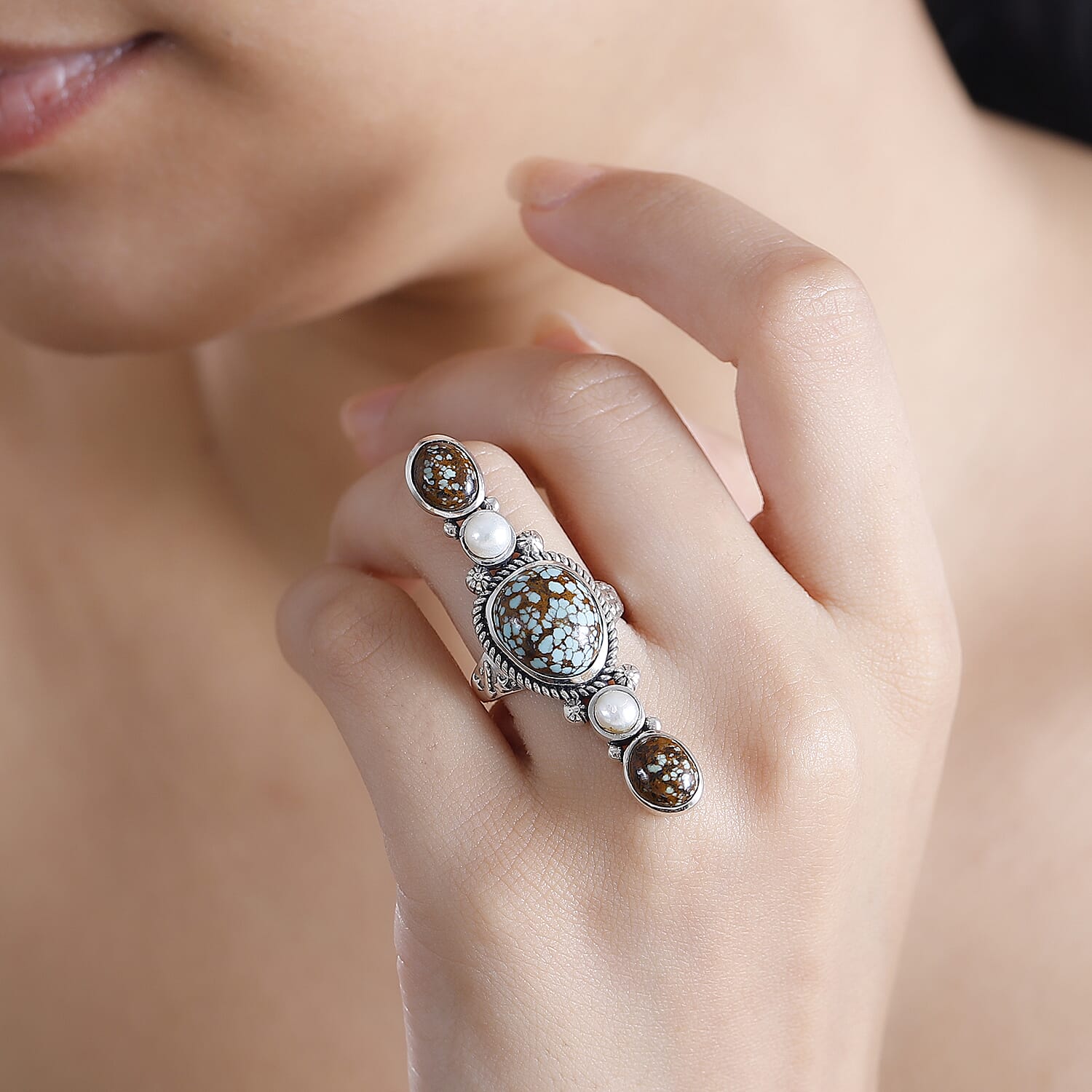 Artisan Crafted Blue Horizon Turquoise 8.35 ctw and White Pearl Elongated Ring in Sterling Silver (Size 10.0)