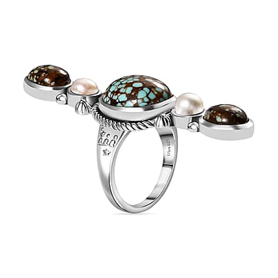 Artisan Crafted Blue Horizon Turquoise 8.35 ctw and White Pearl Elongated Ring in Sterling Silver (Size 10.0)