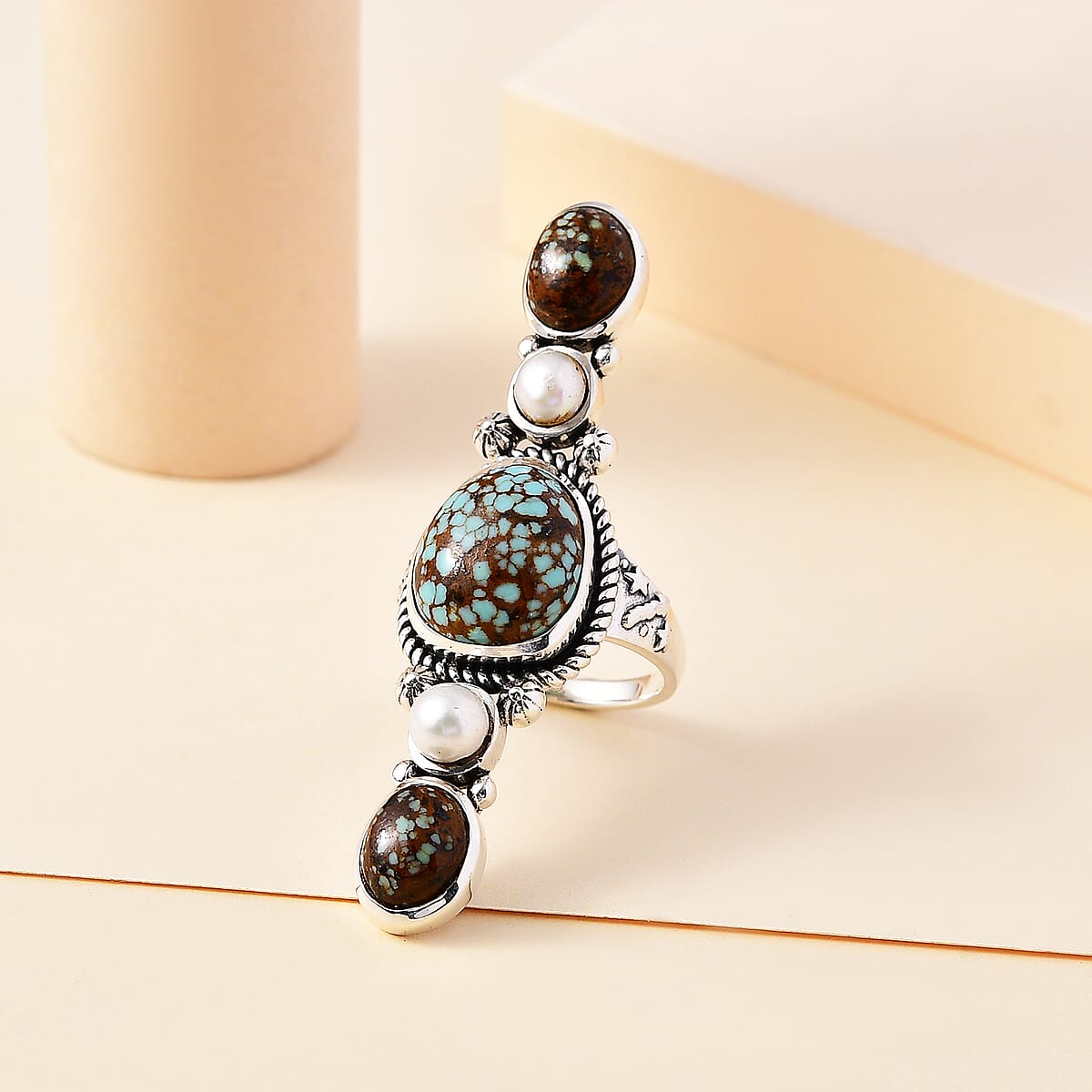 D'Joy Artisan Crafted Blue Horizon Turquoise 8.35 ctw and White Pearl Elongated Ring in Sterling Silver (Size 8.0) image number 1