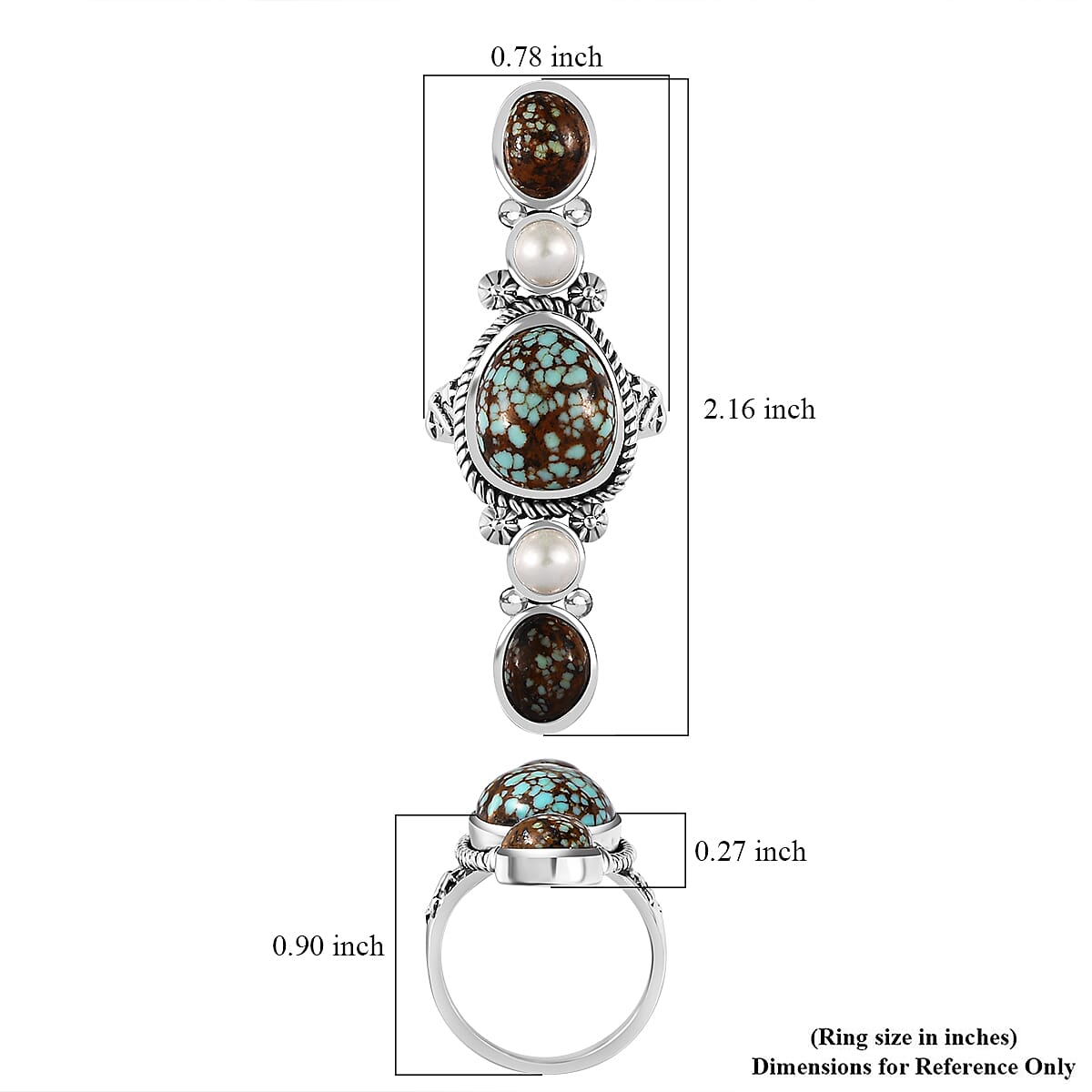 D'Joy Artisan Crafted Blue Horizon Turquoise 8.35 ctw and White Pearl Elongated Ring in Sterling Silver (Size 8.0) image number 5