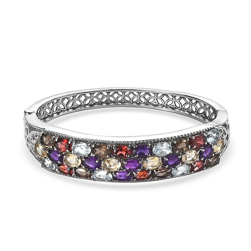 Multi Gemstone 14.50 ctw Bangle Bracelet in Stainless Steel (6.50 In)