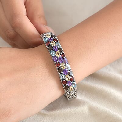 Multi Gemstone 14.50 ctw Bangle Bracelet in Stainless Steel (6.50 In)